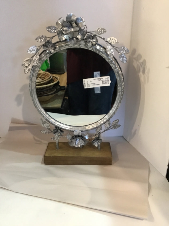 Gray Metal Flowers On Stand Mirror