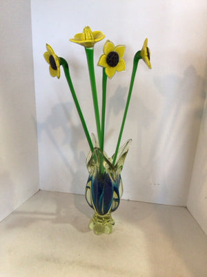 Yellow/Blue Glass Daffodils Statue