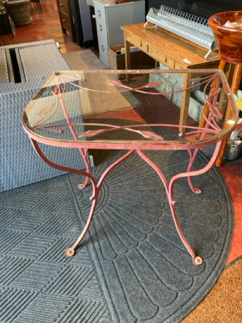 Vintage Indoor/outdoor Wrought Iron Glass Top Red Table