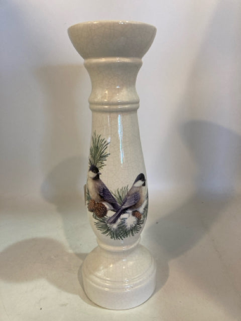 Pillar White/Green Ceramic Birds Candle Holder