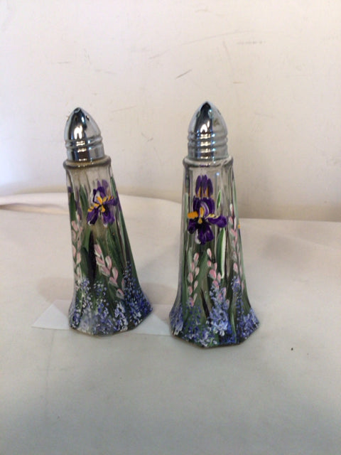 Painted Purple/Green Glass Flowers Salt & Pepper