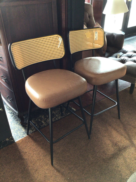 Pair Metal Upholstered Seat Caned Back Black/Brown Barstool/Bar Stool