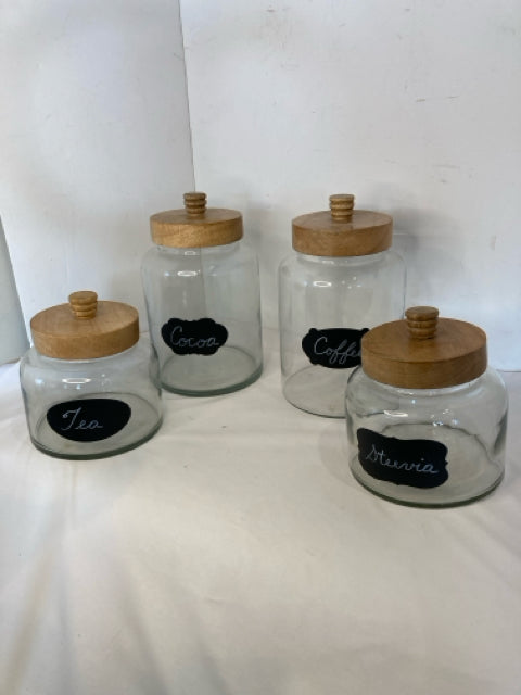 Set of 4 Clear/Brown Wood/Glass Canister