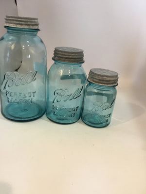 Ball Vintage Lidded Blue Glass Set of 3 Jar