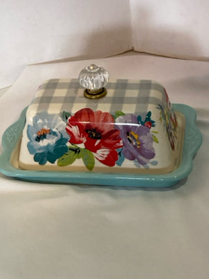 Pioneer Woman Floral Ceramic Checkered Butter Dish