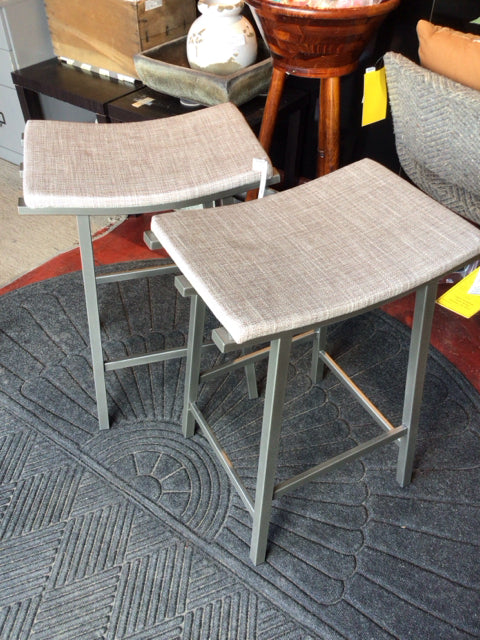 Pair Upholstered Seat Tan/Gray Barstool/Bar Stool