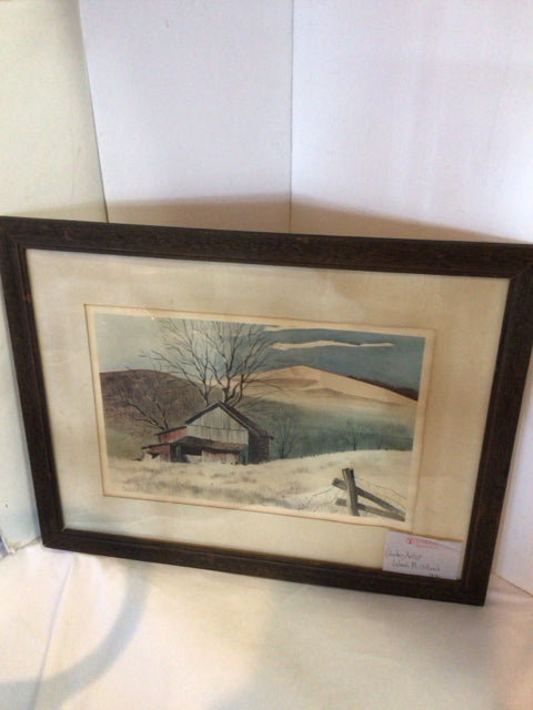Signed Original Blue/Brown Water Color Barn Hills Framed Art