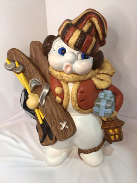 White/Multi Ceramic Snowman Sking Holiday Item