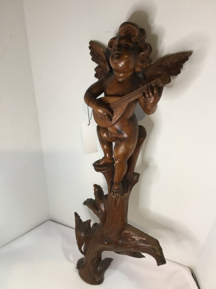 Vintage As Is Wood Cupid Angel Brown Wall Decoration Art