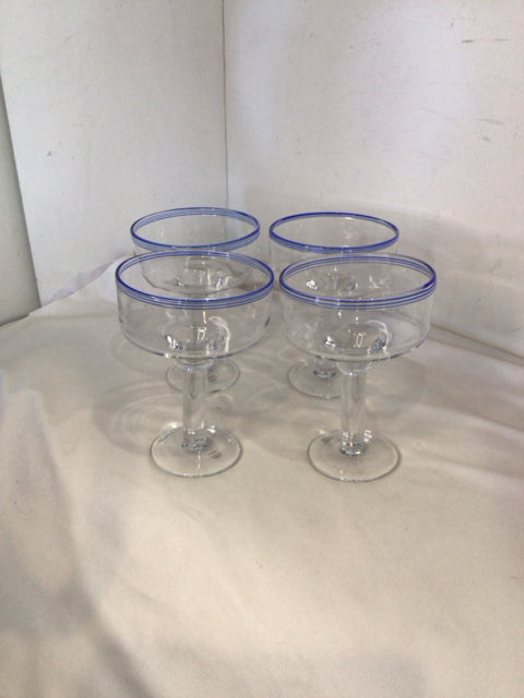 Set of 4 White/Blue Glass Margarita Glasses