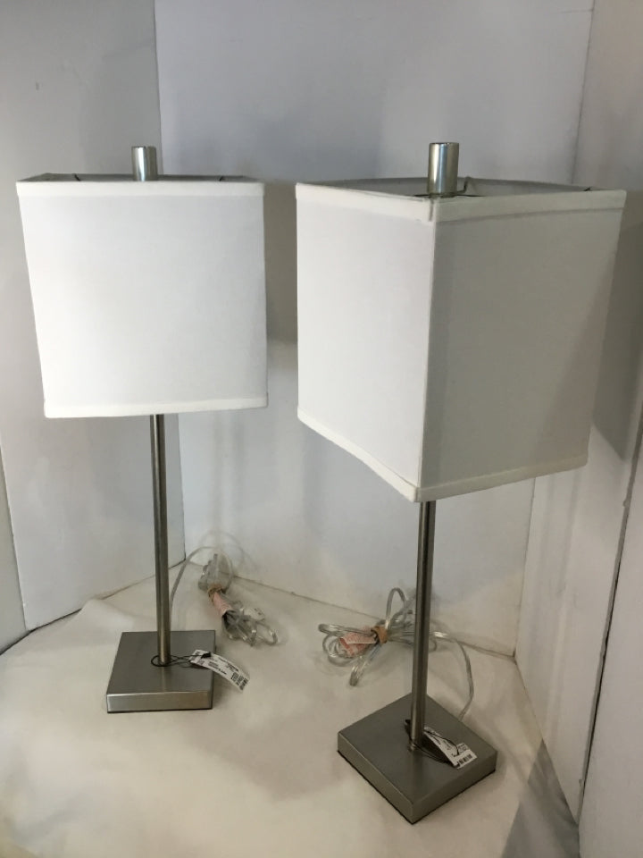 Pair Silver Metal Lamp Set