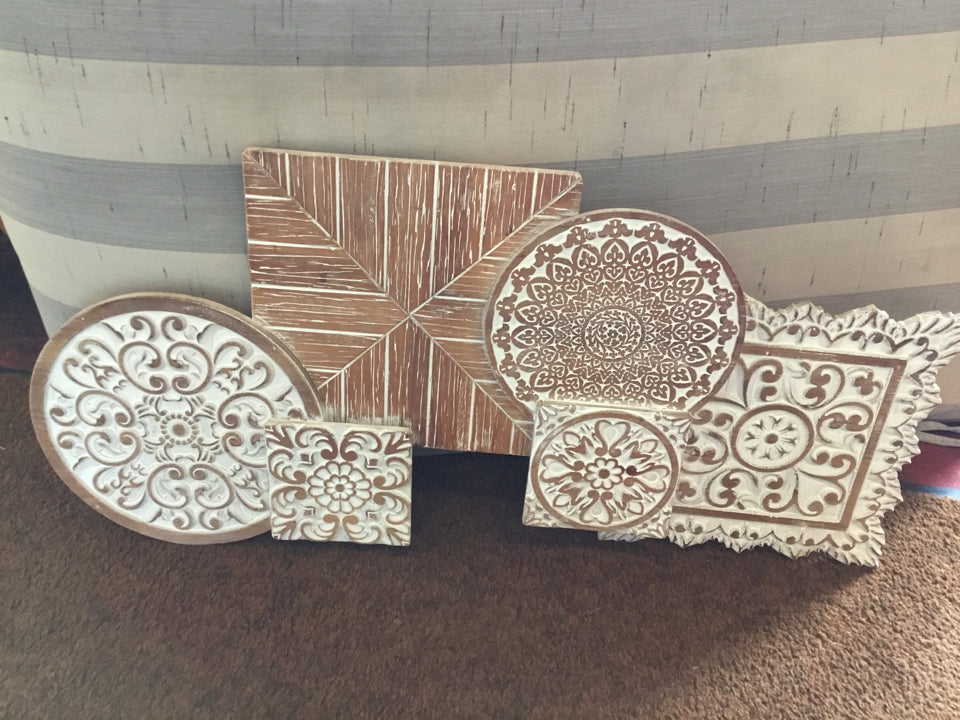 Bohemian White/Brown Wood Carved Wall Hanging Art