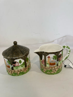 Green/Brown Ceramic Village Sugar/Creamer