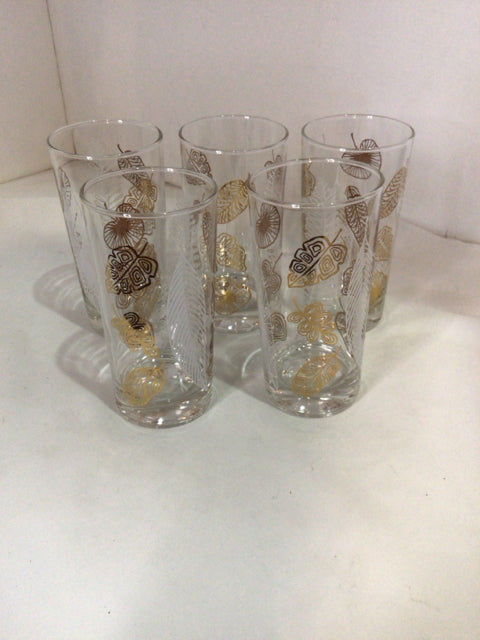 Set of 5 Clear/Gold Glass Leaves Glasses