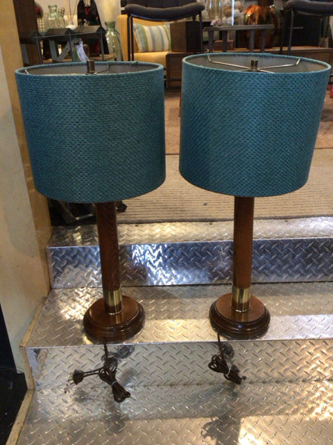 Pair Brown/Blue Wood Lamp Set