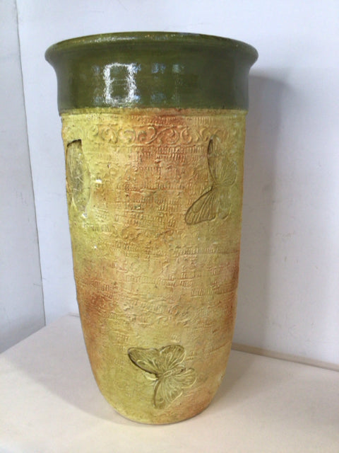 Textured Yellow/Green Pottery Butterflies Vase