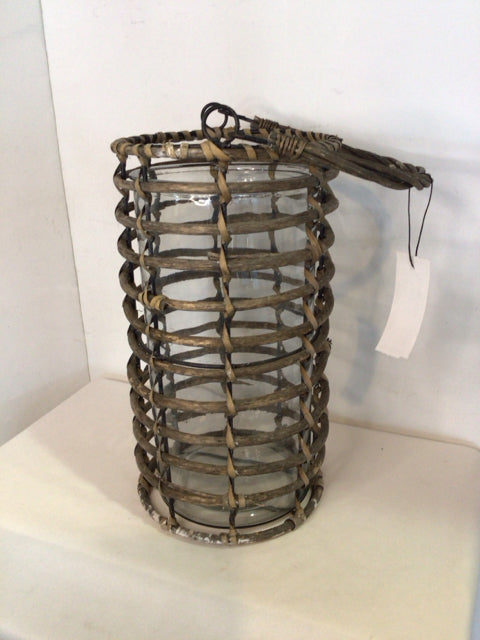 Clear/Tan Glass/Wicker Cylinder Lantern