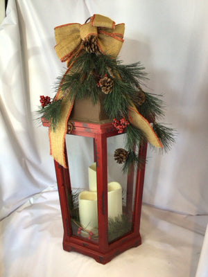 Vintage Lantern Red/Brown Metal/Wood Holiday Item