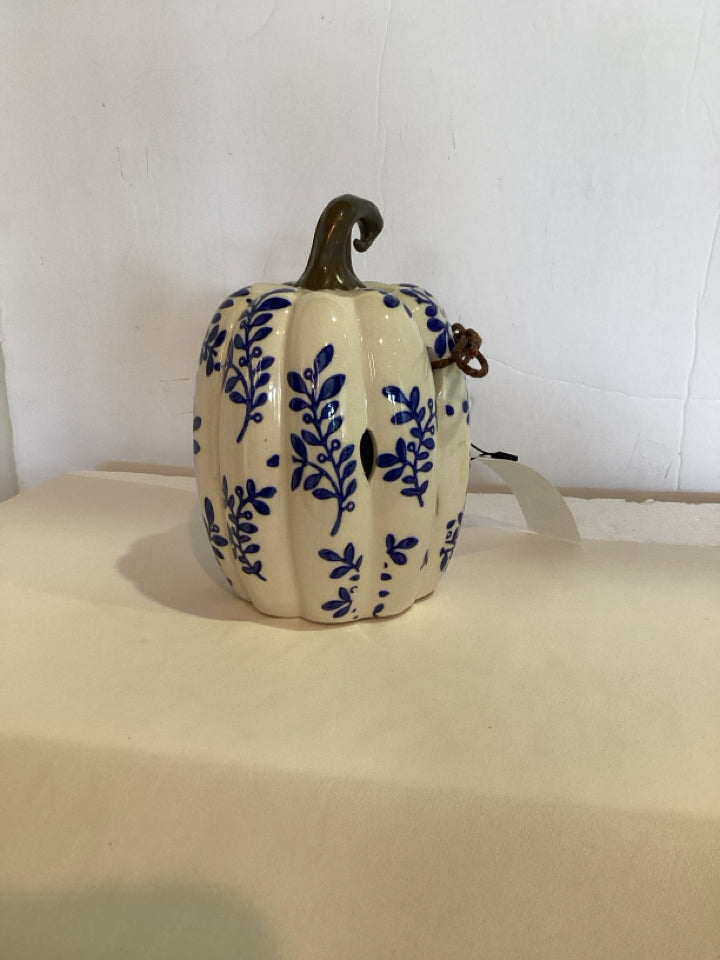 Fall White & Blue Ceramic Pumpkin Holiday Item