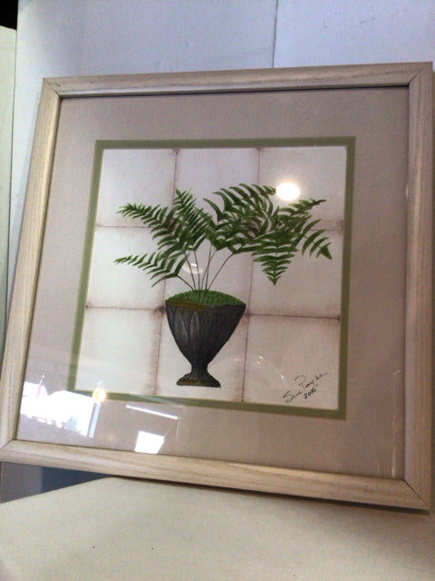 Signed Green/White Tropical Fern Framed Art