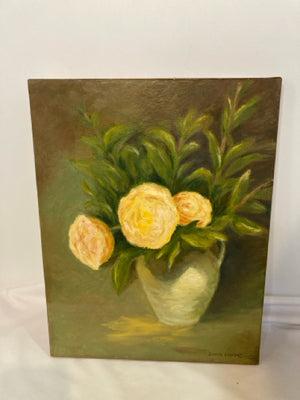 Signed Green/Yellow Canvas Flowers In Vase Stretch Canvas Art