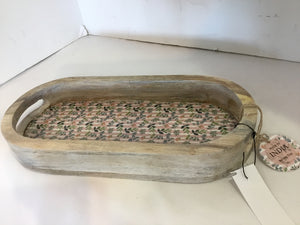 Tan/Pink Wood Floral Tray