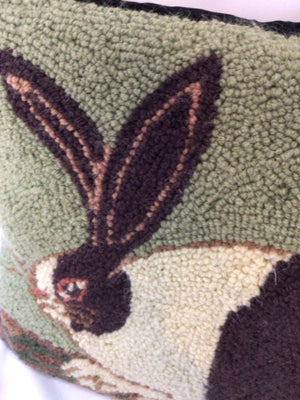 Folk Art Brown/Green Wool Bunny Hook Pillow