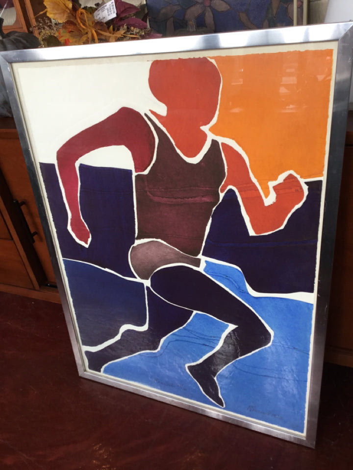 Signed Print Blue/Red Running Man Framed Art