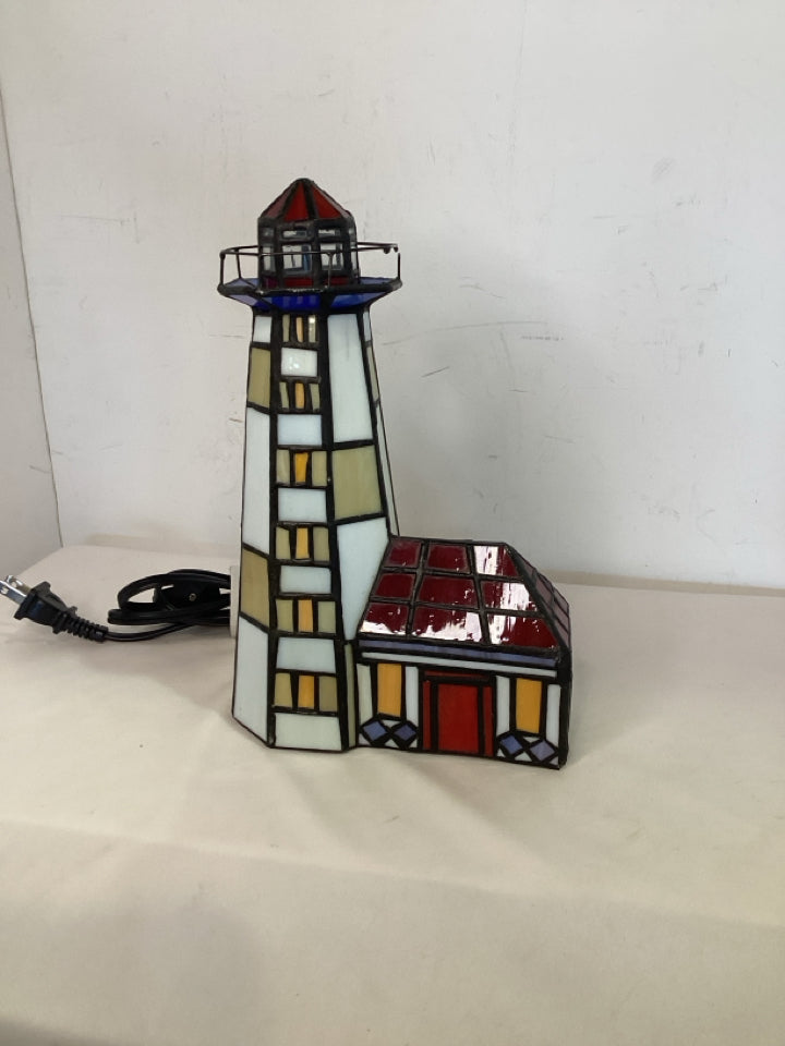 White/Red Stained Glass Light House Lamp