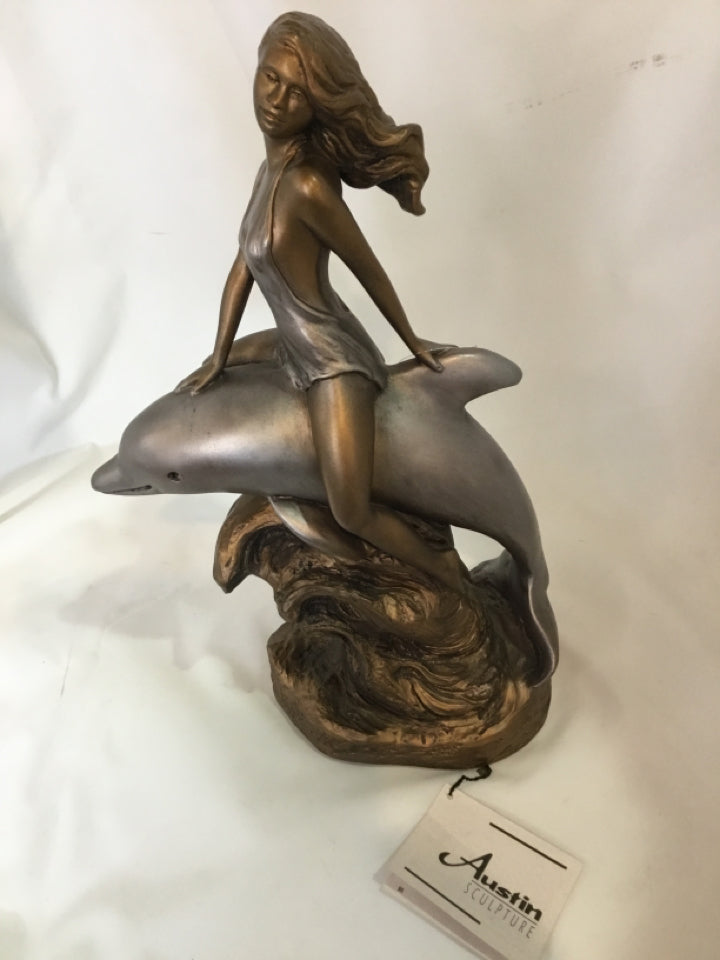 Austin Scuplture Pewter Metal & Resin Girl Dolphin Statue