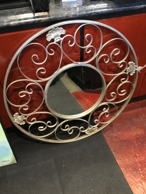 Vintage Gray Metal Round Filigree Mirror