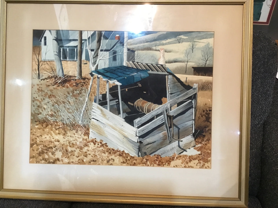 Signed Watercolor Multi-Color House Countryside Framed Art