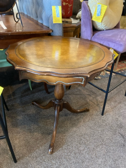 Vintage Wood Pedestal Leather Top Brown Table