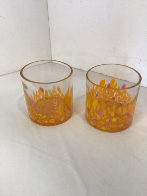 Pair Orange/Pink Glass Candle Holders