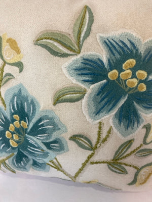 Cream/Blue Cotton Embroidered Flowers Pillow