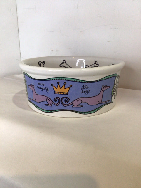 White/Multi Stoneware Dogs Dog Dish