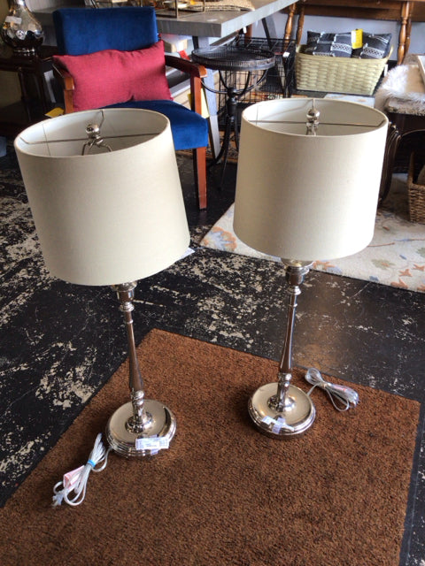 Pair Silver Metal Stick Lamp Set