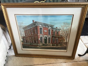 Signed Print Multi-Color Buildings Bank Framed Art