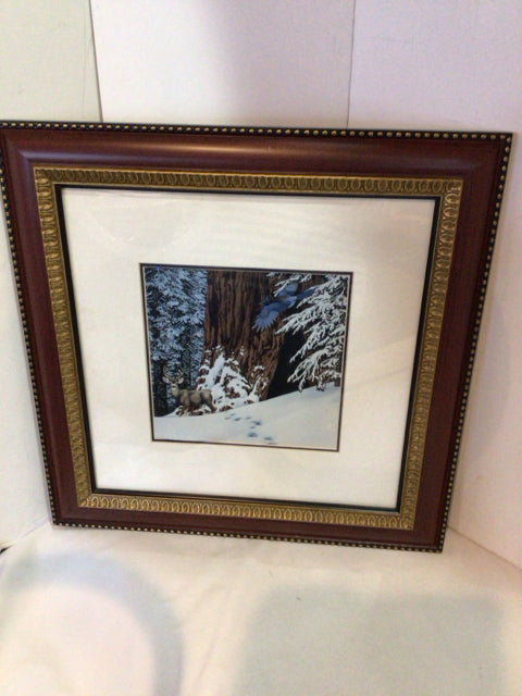 Brown/White Winter Scene Deer Framed Art