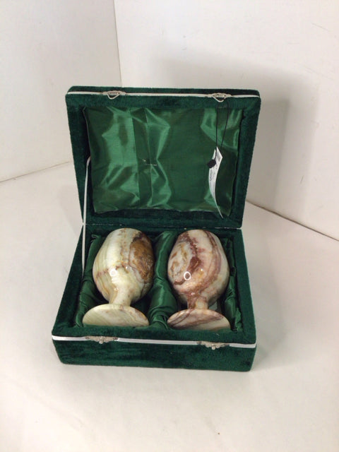 Vintage Pair Green/Brown Marble Goblet Glasses