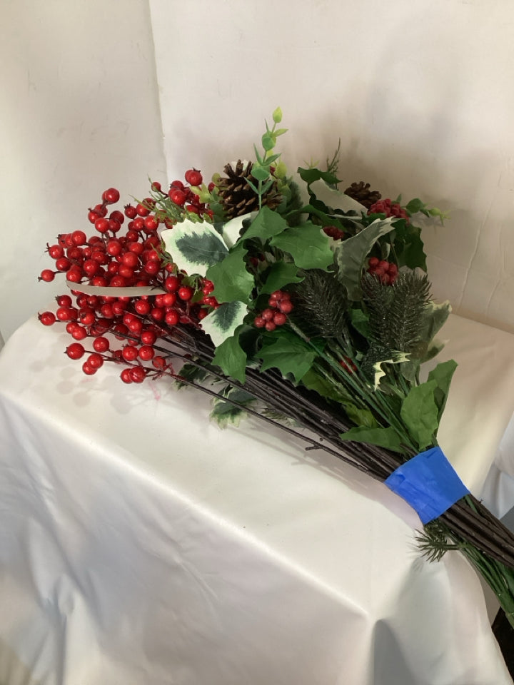 Green/Red Faux Flowers Holly Holiday Item