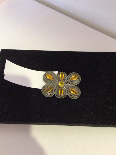 Vintage Metal Yellow/Silver Jeweled Brooch