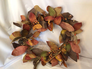 Fall Brown/Red Grapevine Wreath Leaves Holiday Item