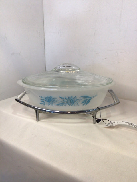 Glassbake Casserole White/Blue Milk Glass W/Holder Dish