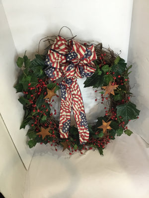 Patriotic Red/White/Blue Grapevine Holly Flag Wreath