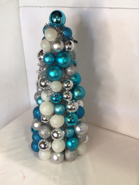 Table Top Blue/Silver Glass Christmas Tree Ornaments Holiday Item