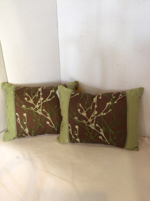 Pair Brown/Green Branches Leaves Pillow Set