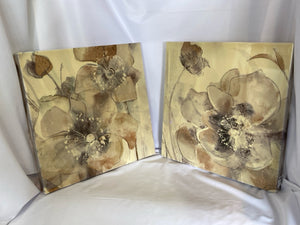 Pair Yellow/Gray Lacquered Floral Stretched canvas