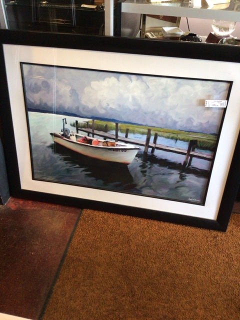Signed Gray/Multi Boat Dockside Framed Art
