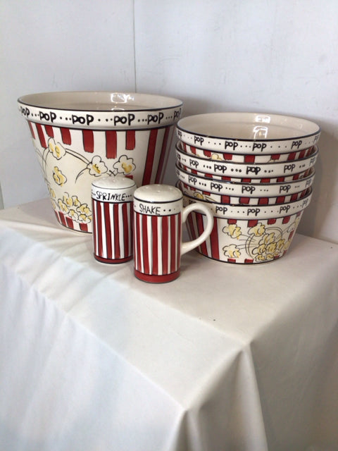 Set of 7 Red/White Ceramic Popcorn Bowl Set